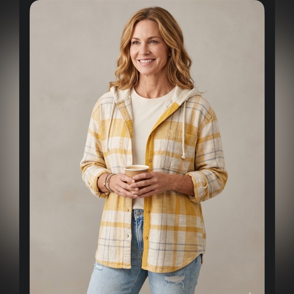 American Eagle Outfitters Yellow & Cream Plaid Hooded Top